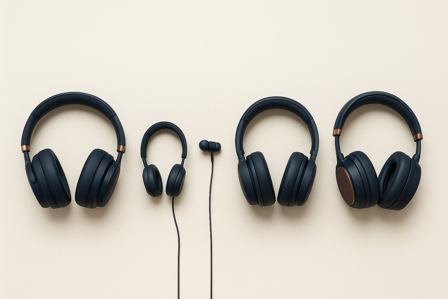 Five headphone formats arranged for comparison of cups, cushions and earpieces